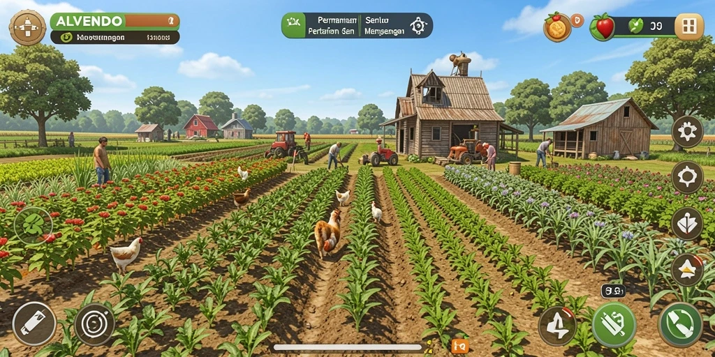Tampilan gameplay ALVENDO yang menampilkan ladang hijau dan hewan ternak.