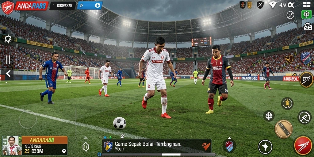 Screenshot utama ANDARA88 menampilkan aksi pertandingan sepak bola yang mendebarkan.