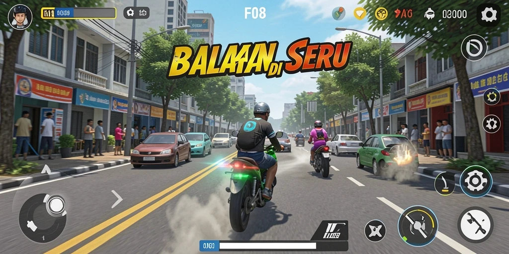 Screenshot F08 menampilkan aksi balapan penuh adrenalin di jalanan.