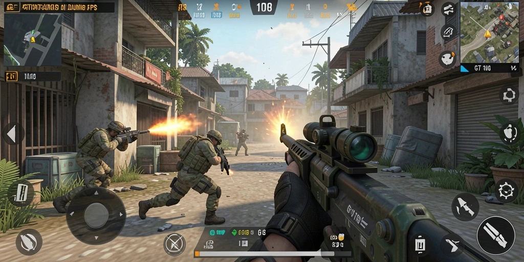 Screenshot GT108 menggambarkan aksi intens dalam pertempuran FPS.