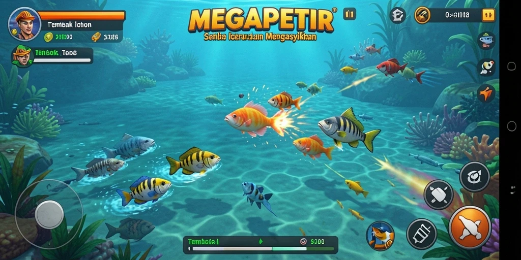 Tangkapan layar gameplay MEGAPETIR menampilkan aksi Tembak Ikan yang menegangkan.