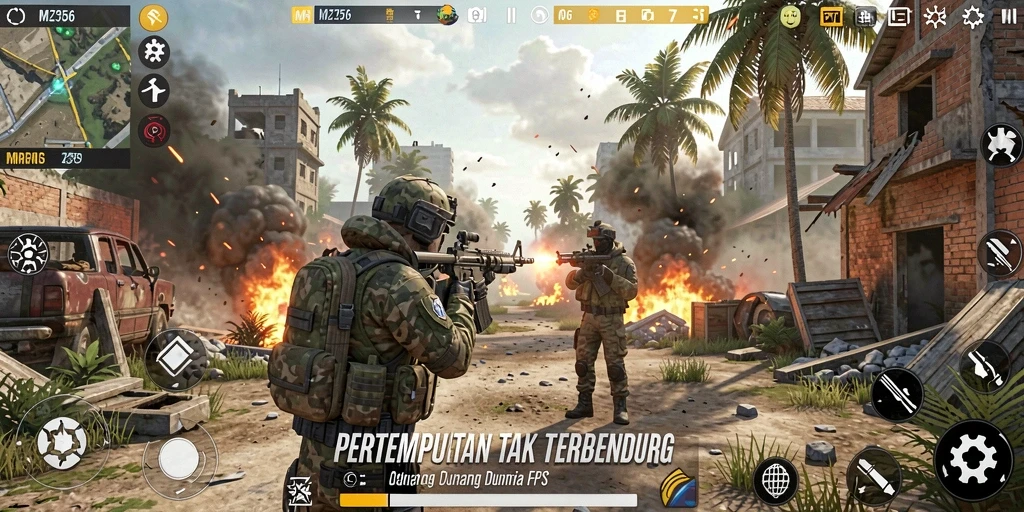 Screenshot utama MZ356 menampilkan aksi tembak-menembak yang mendebarkan.