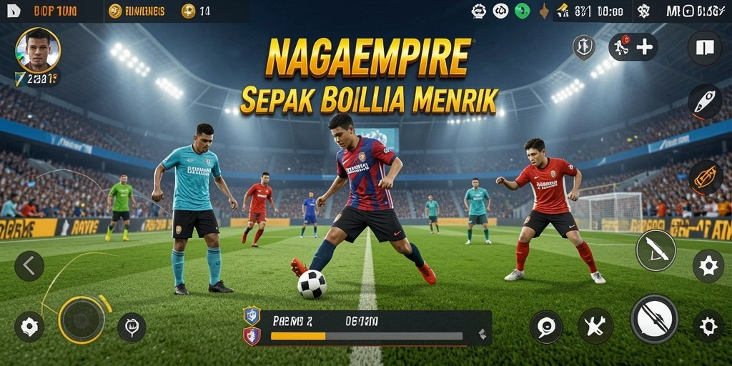 Tangkapan layar NAGAEMPIRE menampilkan aksi seru di lapangan sepak bola.
