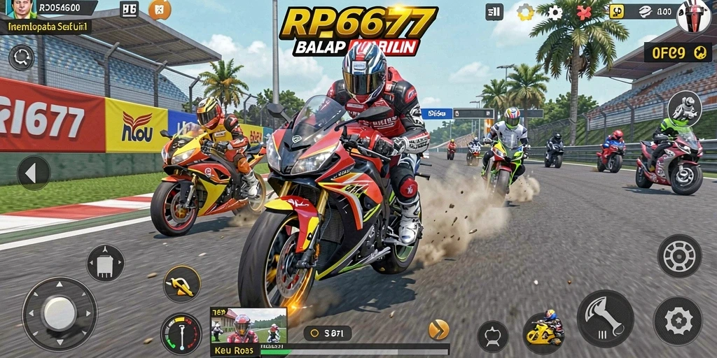 Screenshot gameplay RP6677 menunjukkan balapan motor yang mendebarkan dan cepat.