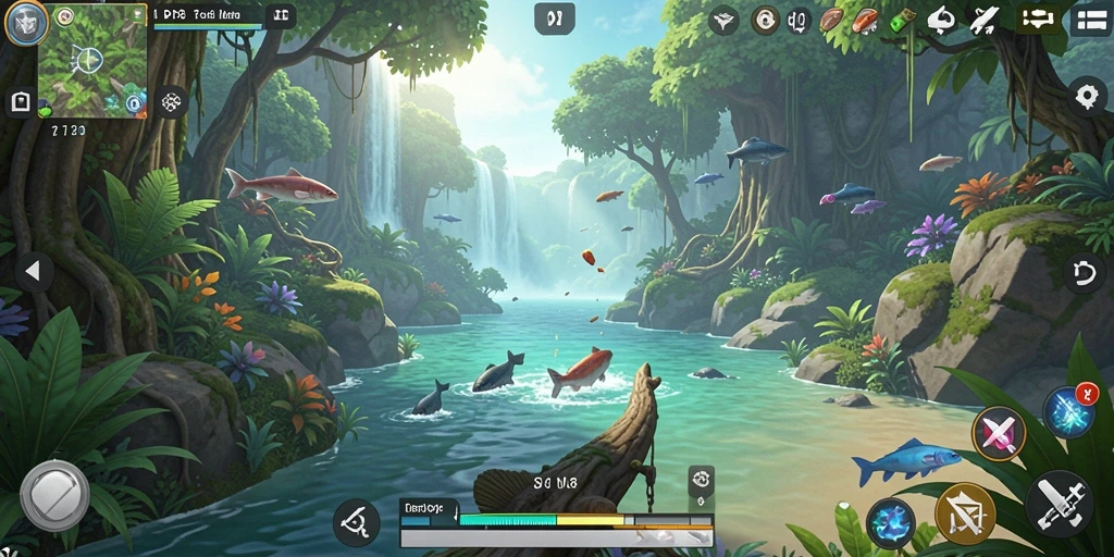 Screenshot gameplay RP8 menampilkan aksi memancing seru di danau.