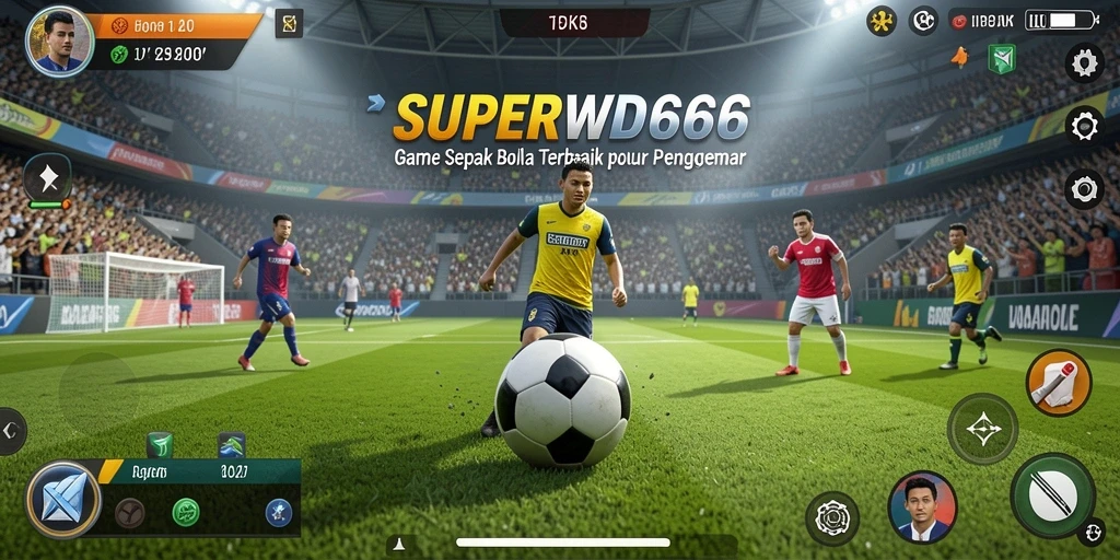 Screenshot utama SUPERWD666 menampilkan aksi permainan sepak bola yang intens.